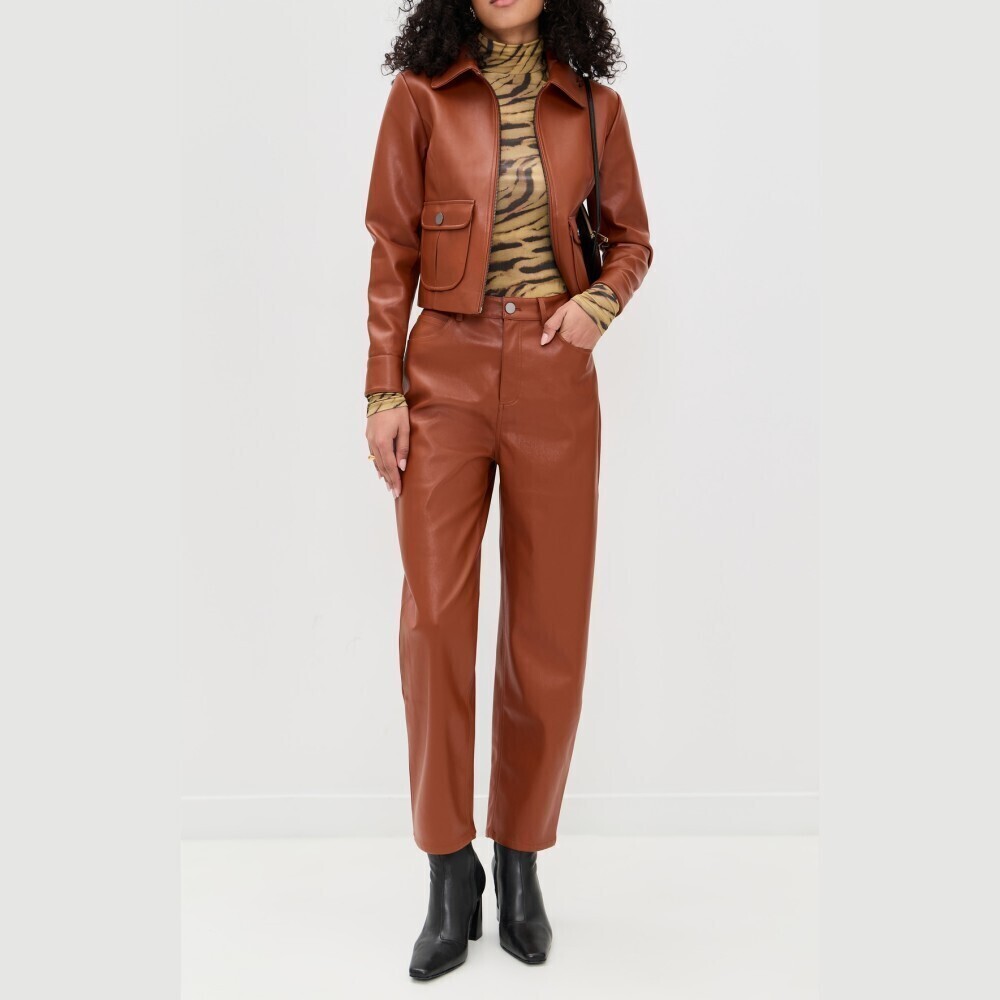 Brown Faux Leather Barrel-Leg Pants - Picture 5 of 6